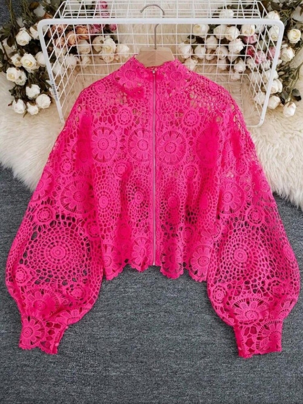 Women's Autumn Floral Lace Hollow Zipper Front Long Sleeve Blouse Women
